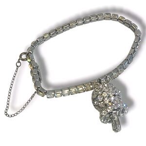 Vintage 40s 50s Silver Tone Rhinestone Bell Charm & Bracelet 7"‎